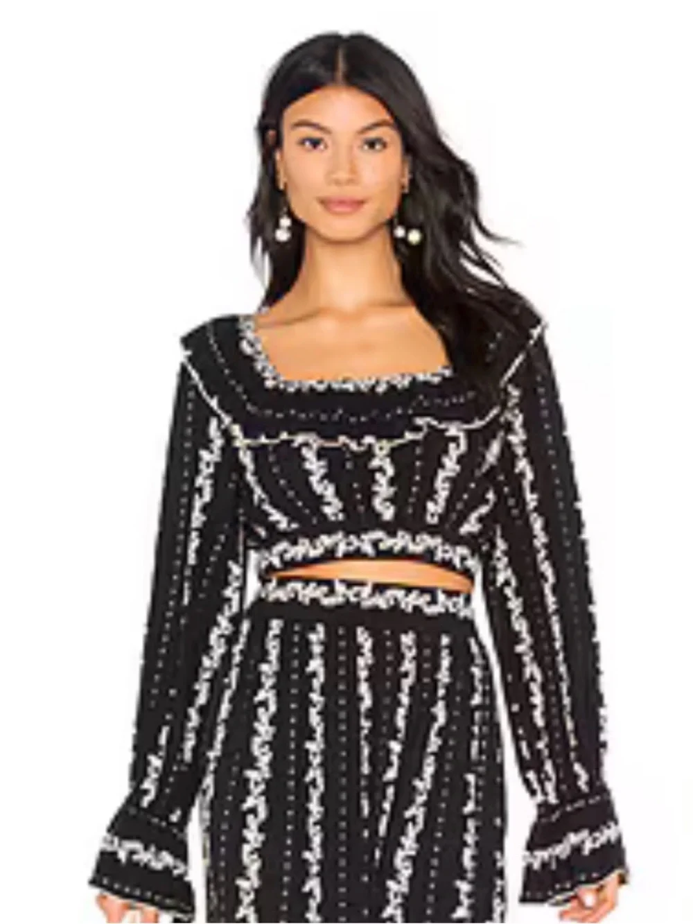 Free People Lolita Navy and Cream Patterned Detail Cropped Boho Style -Top Only